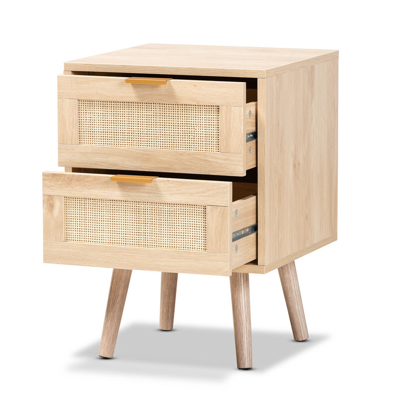 Baxton Studio Baird  Light Oak Brown Finished Wood and Rattan 2 Drawer End Table