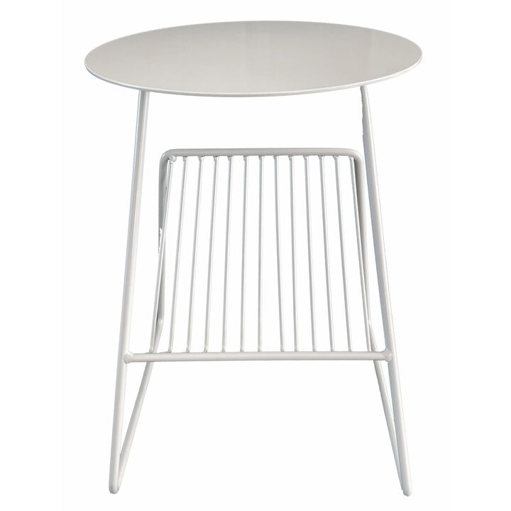 Zeo Side End Table w Magazine Rack, 14 Inch Round Top, White Metal - Benzara