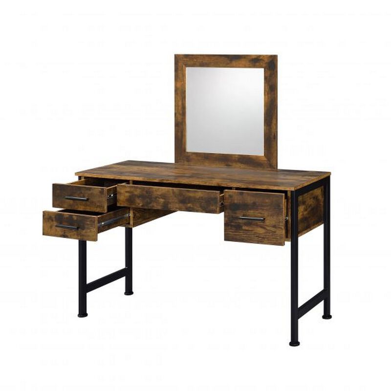 Vanity Desk with 4 Drawers and Square Mirror, Brown and Black-Benzara