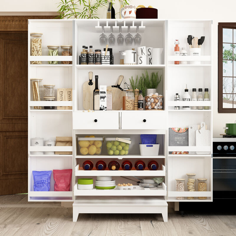 White Wood 31.5 in. W Buffet Kitchen Wine Cabinet With Double Doors, Pull-out Wine Rack, Drawers