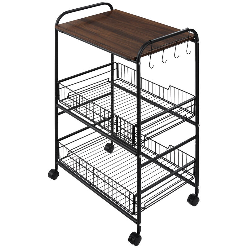 24" 3-Tier Utility Kitchen Cart Rolling Serving Trolley w/ 2 Storage Shelves