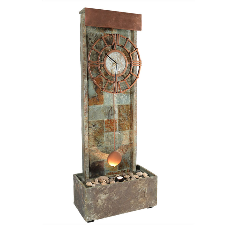Sunnydaze Slate/Copper Clock Waterfall Fountain with LED Lights - 49 in