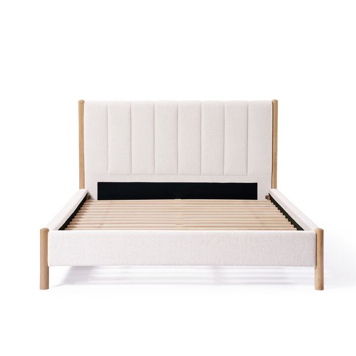 LuxenHome Vertical Rolls Upholstered Headboard with Rubberwood Legs Platform Bed, Queen