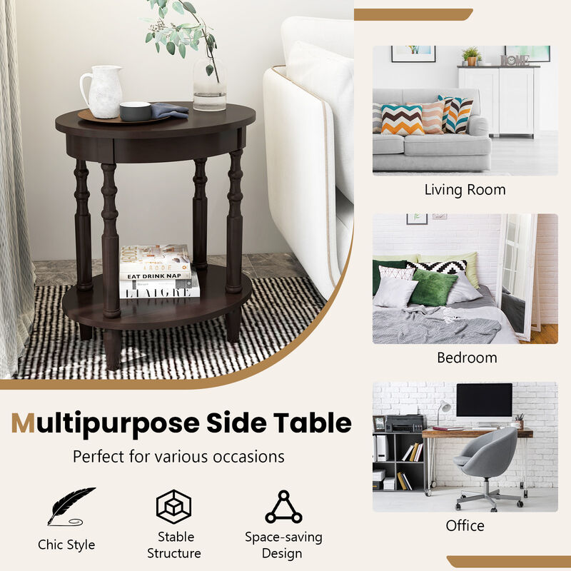 2-Tier Oval Side Table with Storage Shelf and Solid Wood Legs