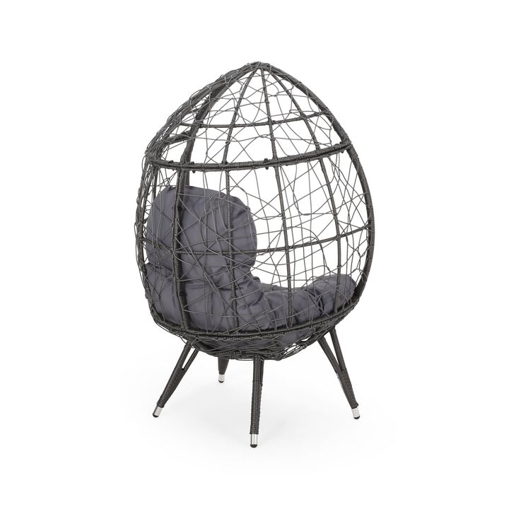 Fam Outdoor Accent Chair, Cocoon Egg Shaped, Abstract Gray PE Rattan - Benzara