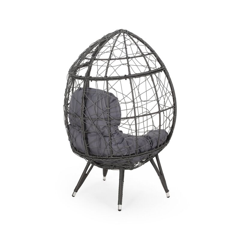 Fam Outdoor Accent Chair, Cocoon Egg Shaped, Abstract Gray PE Rattan - Benzara