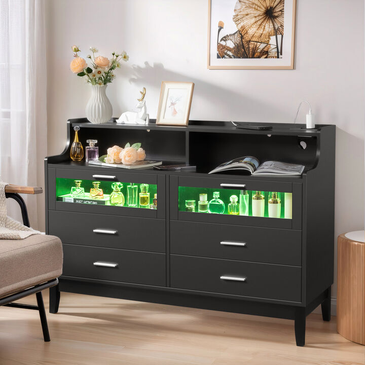 Wood Tempered Glass Drawer Dresser with LED Light Strips & Charging Station & USB Ports Bed Table