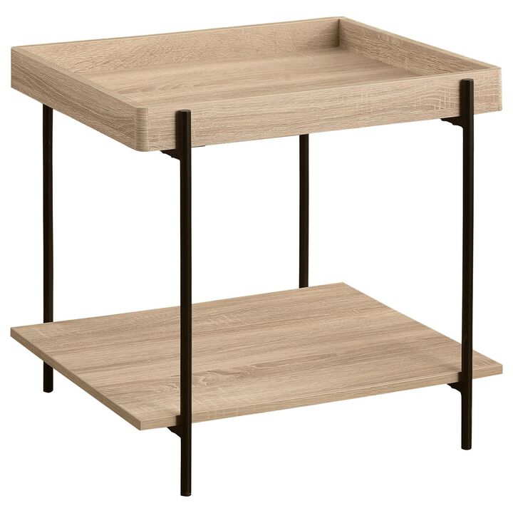 Allen Side End Table, Tray Top, Shelf 23 Inch Brown Wood, Black Metal - Benzara