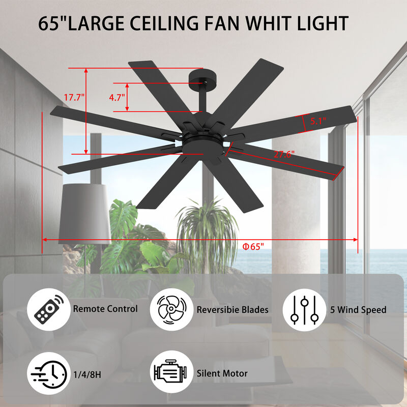 65 in. Indoor Outdoor Use Black Solid Wood Grain 8 Blade Propeller Ceiling Fan with Remote Control, Adjustable, 5-Speed