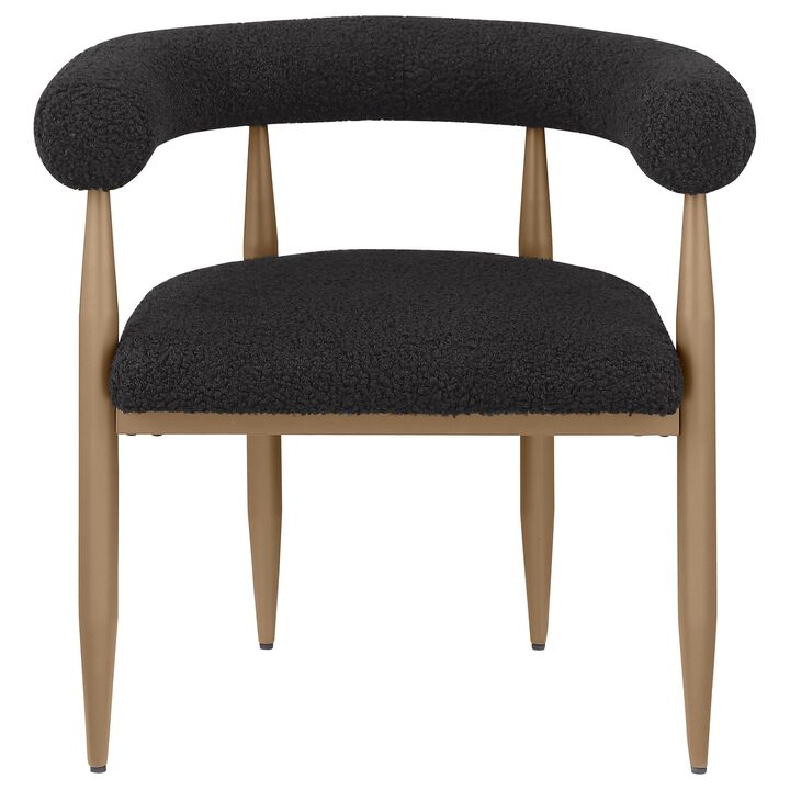 Noris Dining Chair Set of 2, C Shaped Back, Gold Bronze, Black Fabric - Benzara
