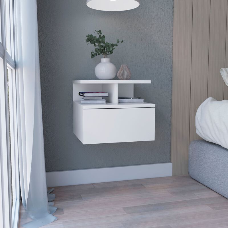 DEPOT E-SHOP Seward Floating Nightstand, Wall Mounted with Single Drawer and 2-Tier Shelf