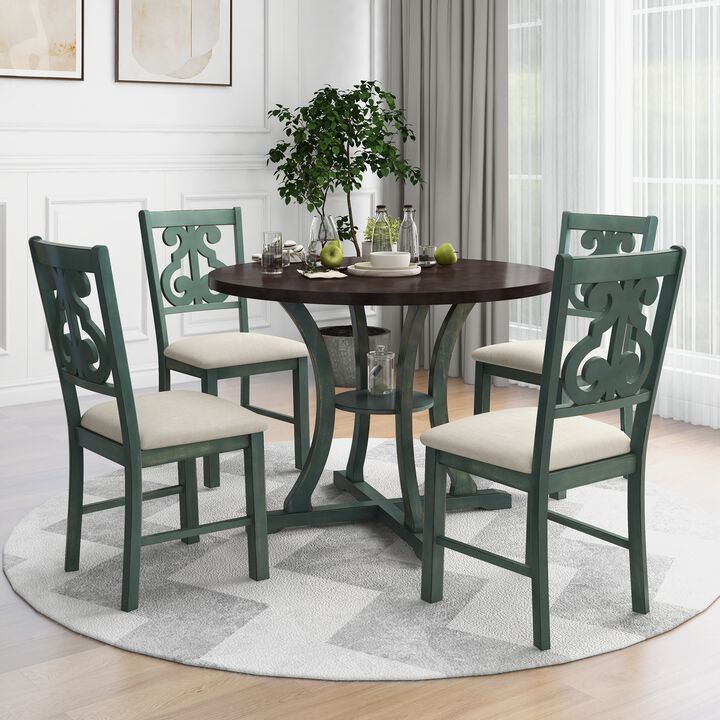 Gewnee 5-Piece Round Dining Table and 4 Fabric Chairs with Special-shaped Table Legs and Storage Shelf (Antique Blue/ Dark Brown)