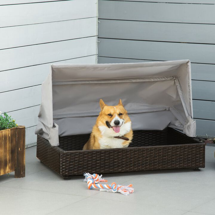Coffee Pet Haven: Elevated Wicker Dog House with Roof for Patio