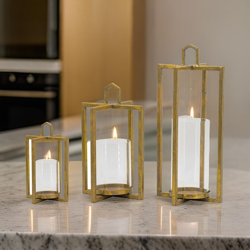 19, 15, 11 Inch Lanterns, Set of 3, Tea Light Glass Holders, Modern, Gold - Benzara