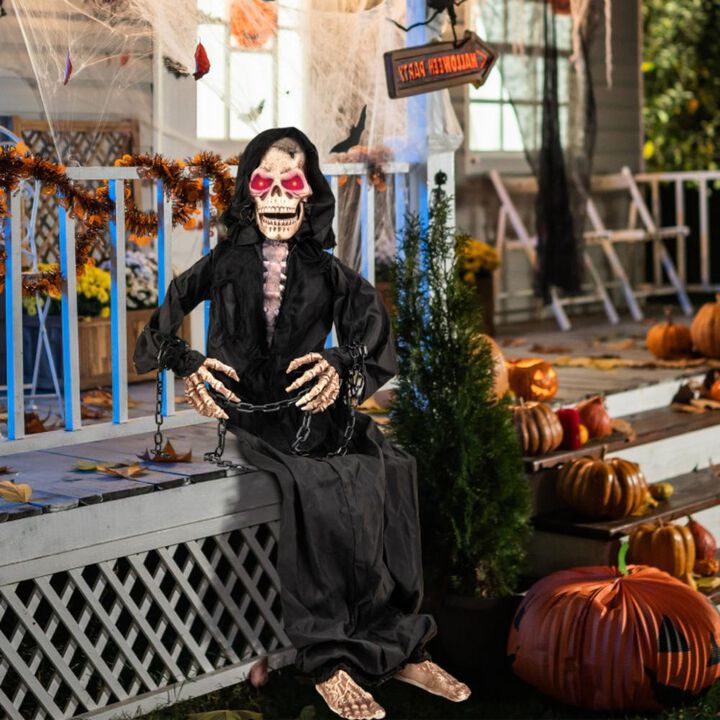 Hivvago 5 Feet Animated Halloween Sitting Reaper with Voice Greetings