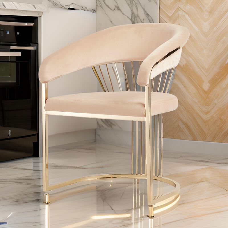 24 Inch Modern Dining Chair, Beige Velvet Seat Gold Cantilever Windsor Base-Benzara