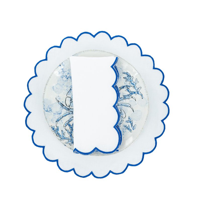 Blue Scalloped Linen Napkins, Set of 4