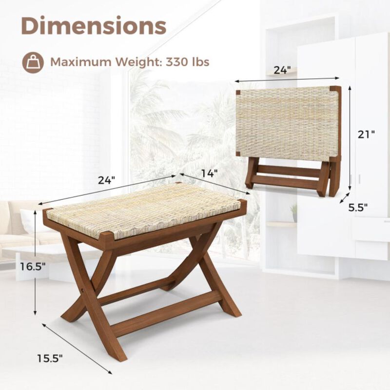 Hivvago Folding Natural Rattan Ottoman with Hand-woven Seat