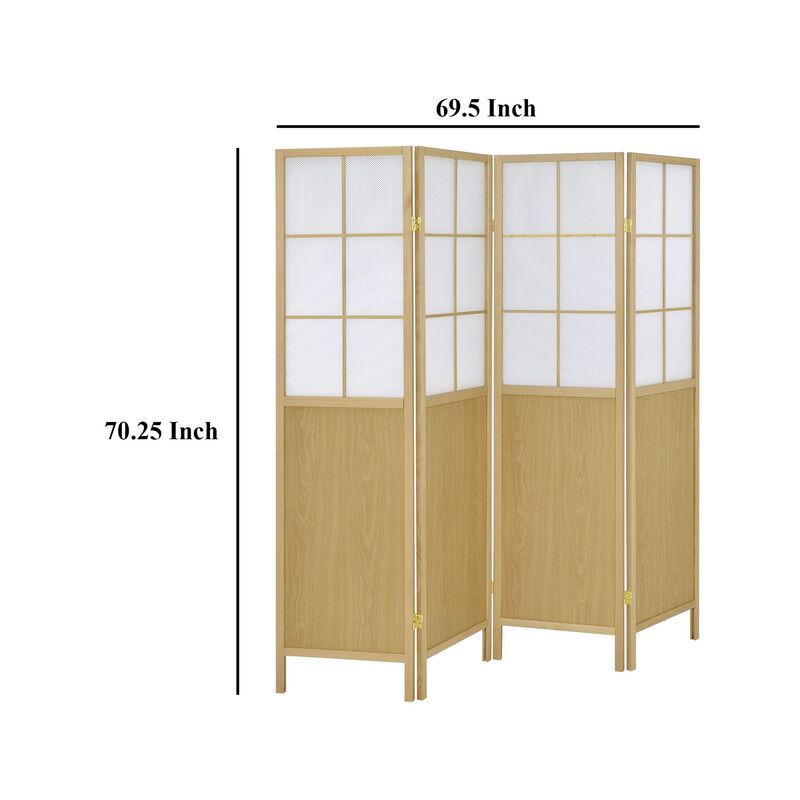 4 Panel Screen Room Divider, Foldable Design, Natural Brown 70 Inch - Benzara