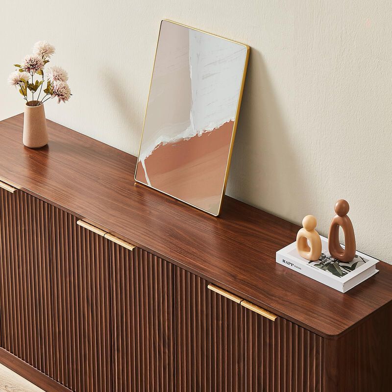 67" Walnut Fluted TV Stand with Storage,with Charging Station & Doors