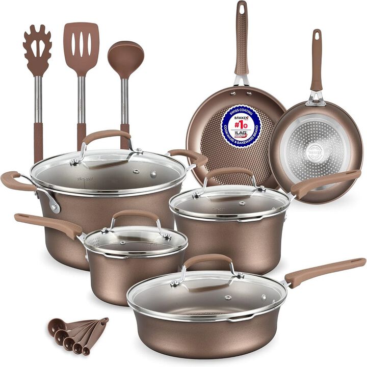 Pots and Pans Set – 14 Piece – Non-Stick Professional Home Kitchenware – Cooking Pots with Lids – Skillet Fry Pans – Suitable for Gas, Electric, Ceramic and Induction Counter Cooktops - Golden