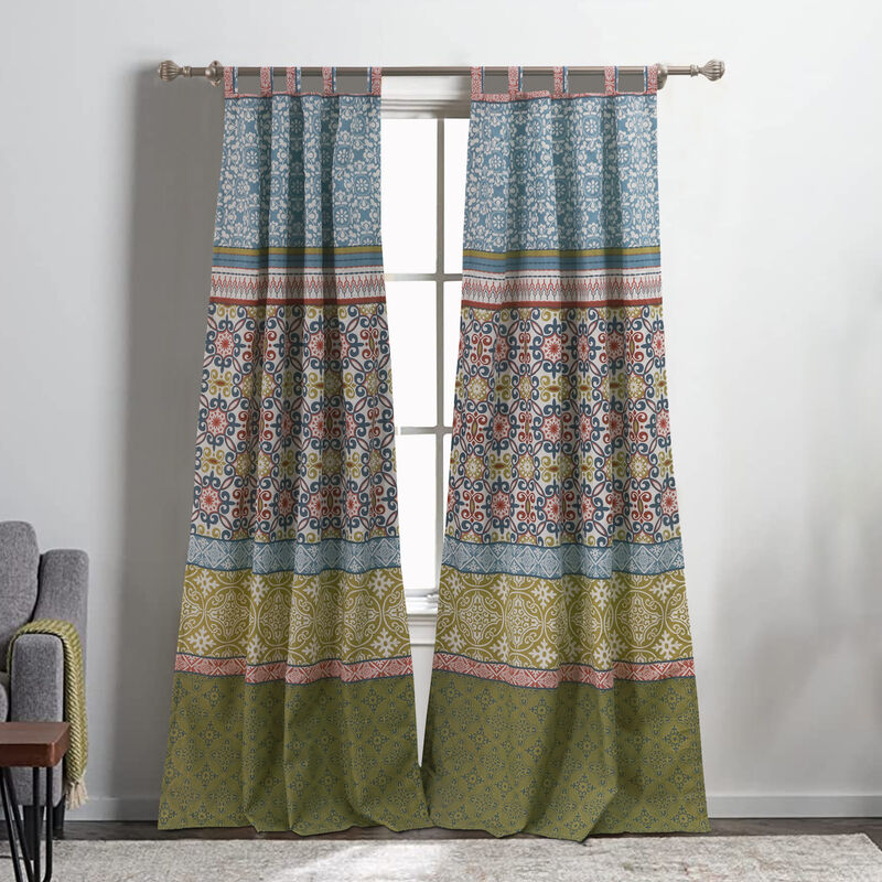 Kaw Set of 2 Panel Curtains, Multicolor Geometric Patterns, Polyester - Benzara