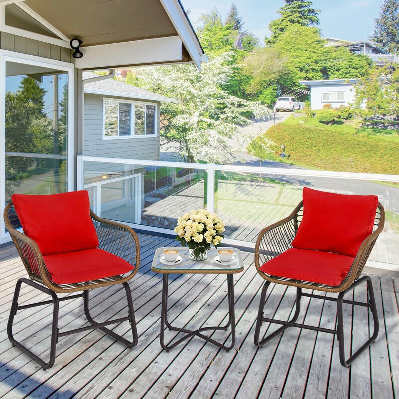 3 Pieces Patio Rattan Bistro Set Cushioned Chair Glass Table Deck