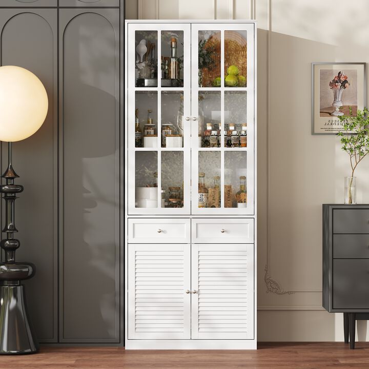 FUFU&GAGA Kitchen Pantry Cabinet with Glass Doors and Adjustable Shelves (31.5” W x 15.7” D x 78.7” H),White