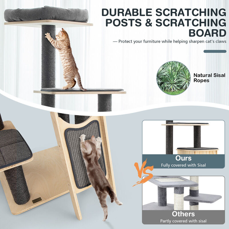 5-Tier Modern Wood Cat Tower with Washable Cushions-Grey