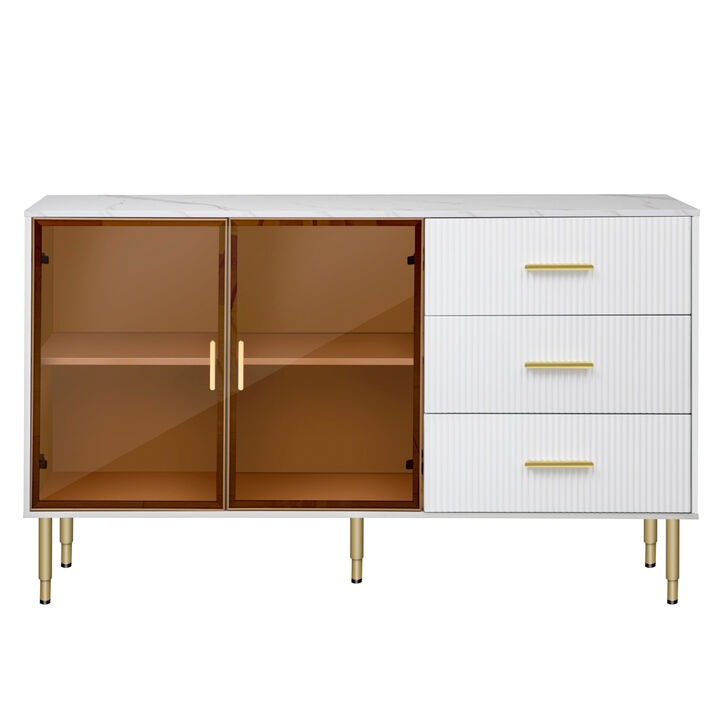 Modern Sideboard MDF Buffet Cabinet Marble Sticker Table Top And Amber- Tempered Glass