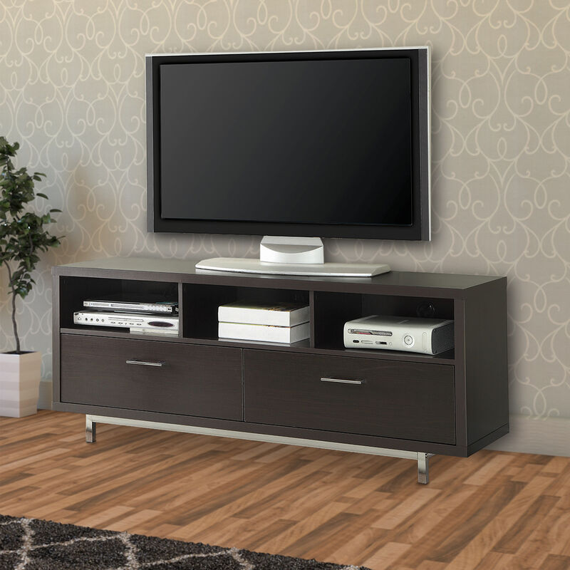 Fabulously Designed  tv console with chrome legs, Brown-Benzara