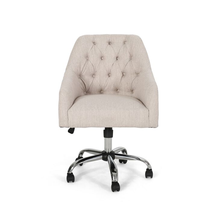 Nysa Swivel Office Chair, Tufted Beige Fabric, Chrome Steel -Benzara