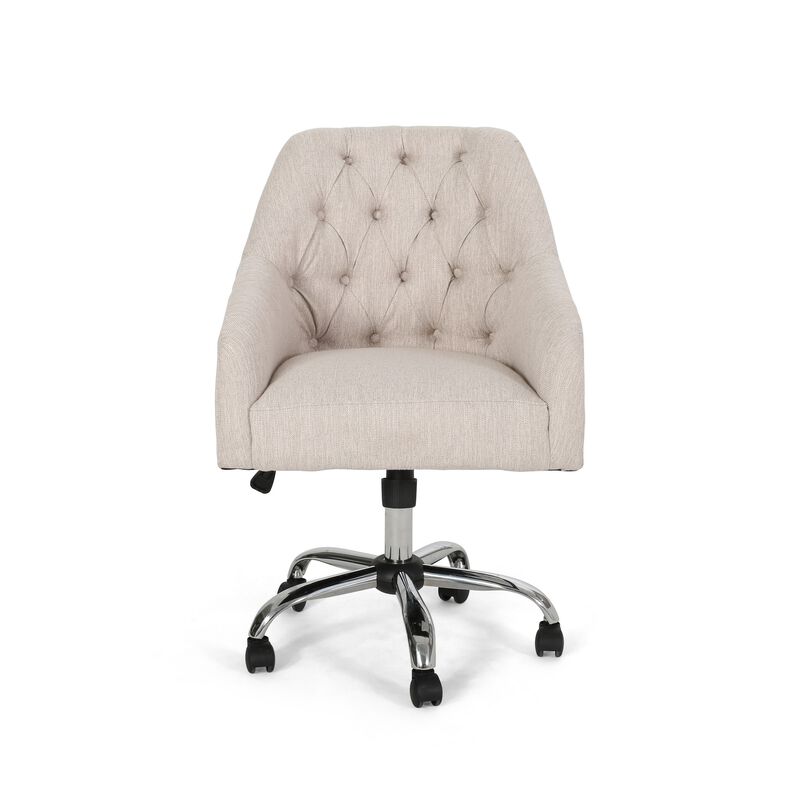 Nysa Swivel Office Chair, Tufted Beige Fabric, Chrome Steel -Benzara