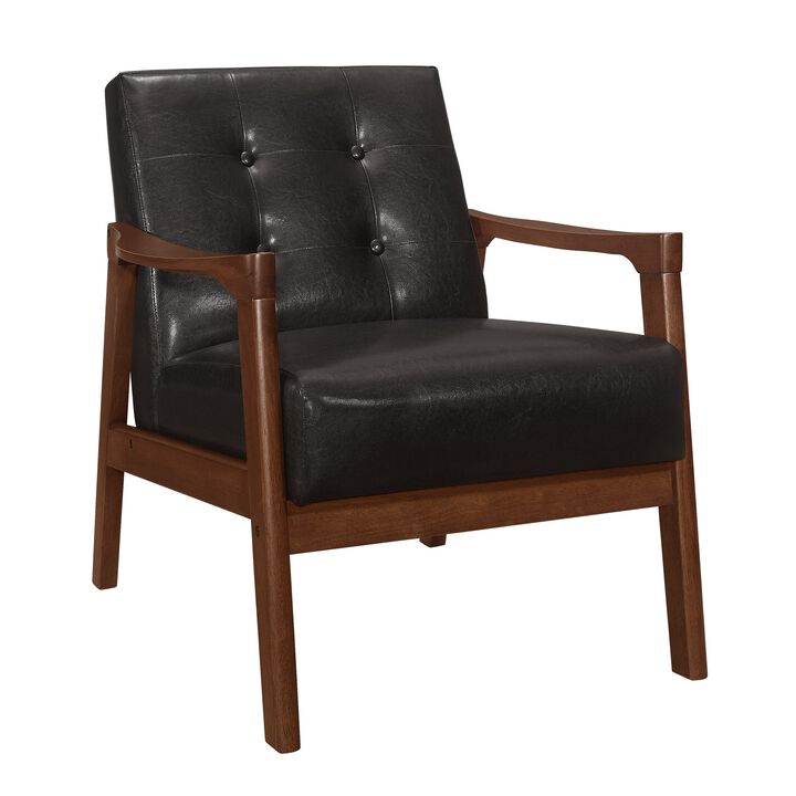 Aly 31 Inch Accent Chair Armchair, Dark Brown Faux Leather, Solid Wood - Benzara