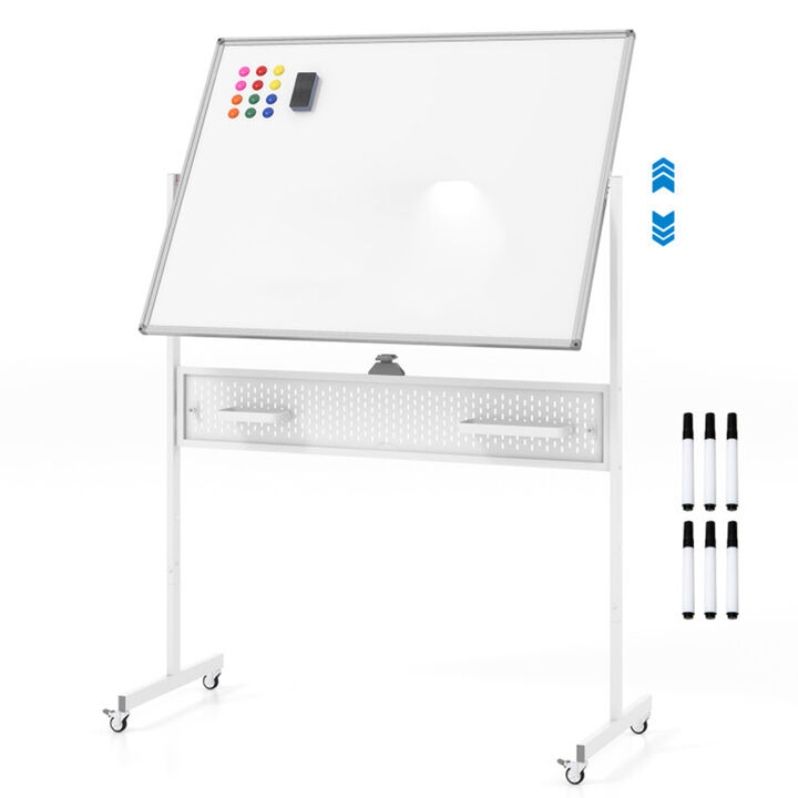 Mobile Whiteboard Adjustable Double-Sided Magnetic Board with Pegboard-White