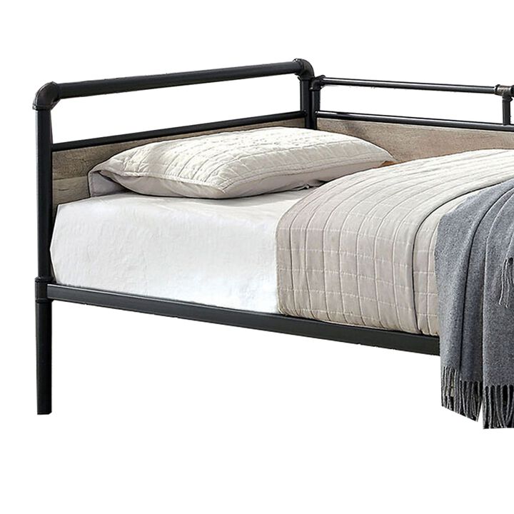 Industrial Pipe Design Metal Daybed with Wooden Panels, Black-Benzara