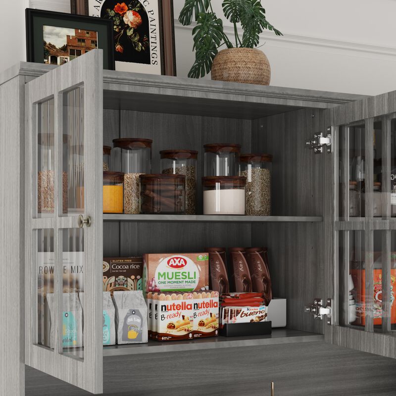 Gray Painted Wooden 61.2 in. W Buffet and Hutch Kitchen Cabinet with Drawers and Adjustable Shelves, Glass Doors