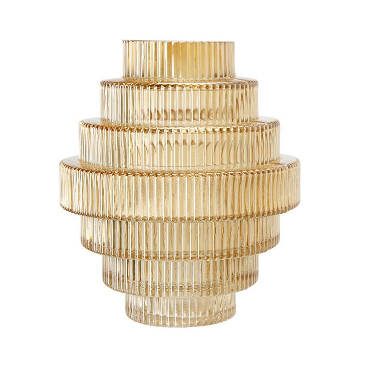 Rae Set of 2 Glass Vases, Geometric Round, Amber Yellow and Clear Finish-Benzara