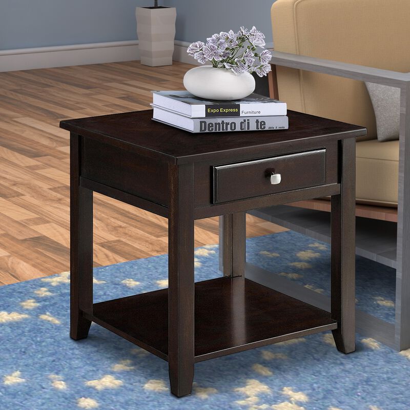 Wooden End Table With Drawer and Bottom Shelf, Walnut Brown-Benzara
