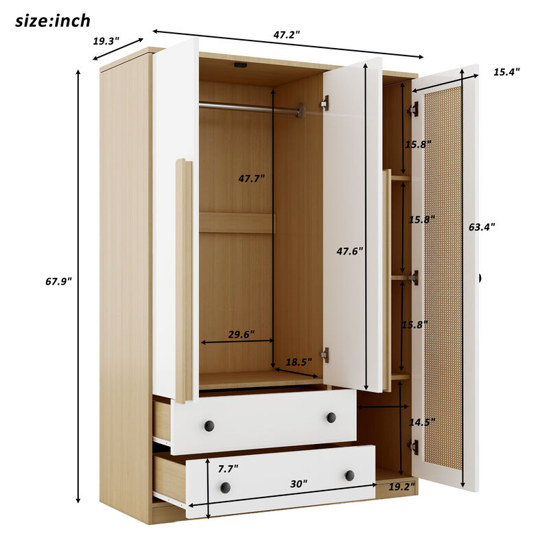 Merax 3-Doors Wooden Rattan Wardrobe with 2 Drawers