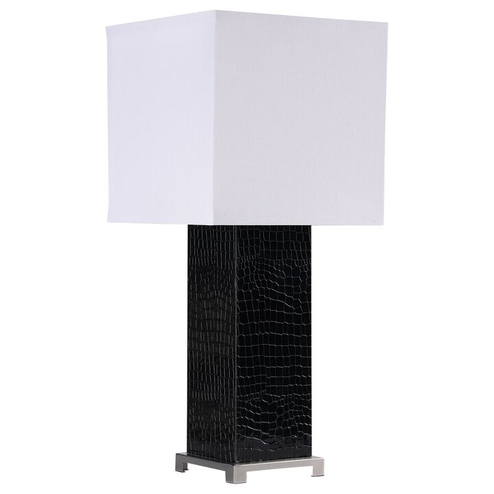 25 Inch Table Lamp, Square White Shade, Modern Black Crocodile Pattern Base - Benzara