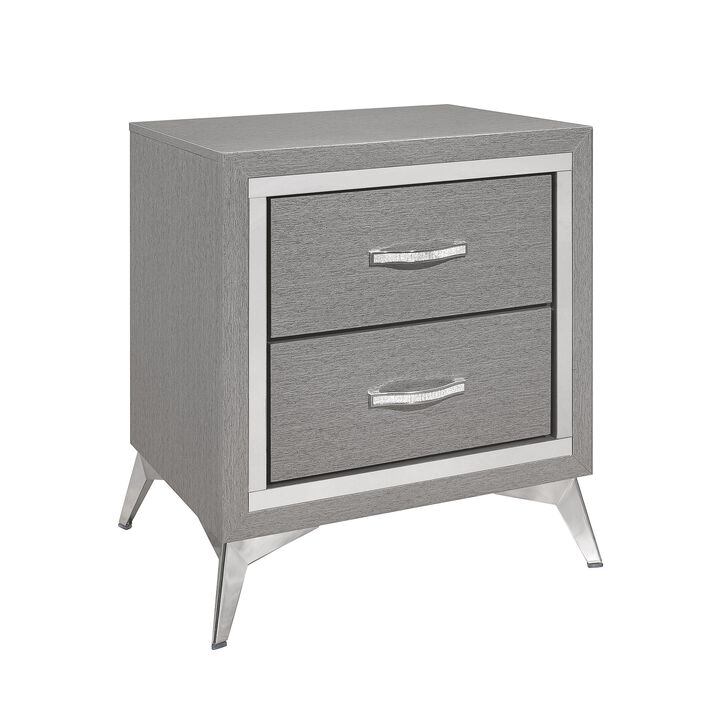 Haya 24 Inch 2 Drawer Nightstand, Embossed Smooth Gray Wood, Silver Trim - Benzara