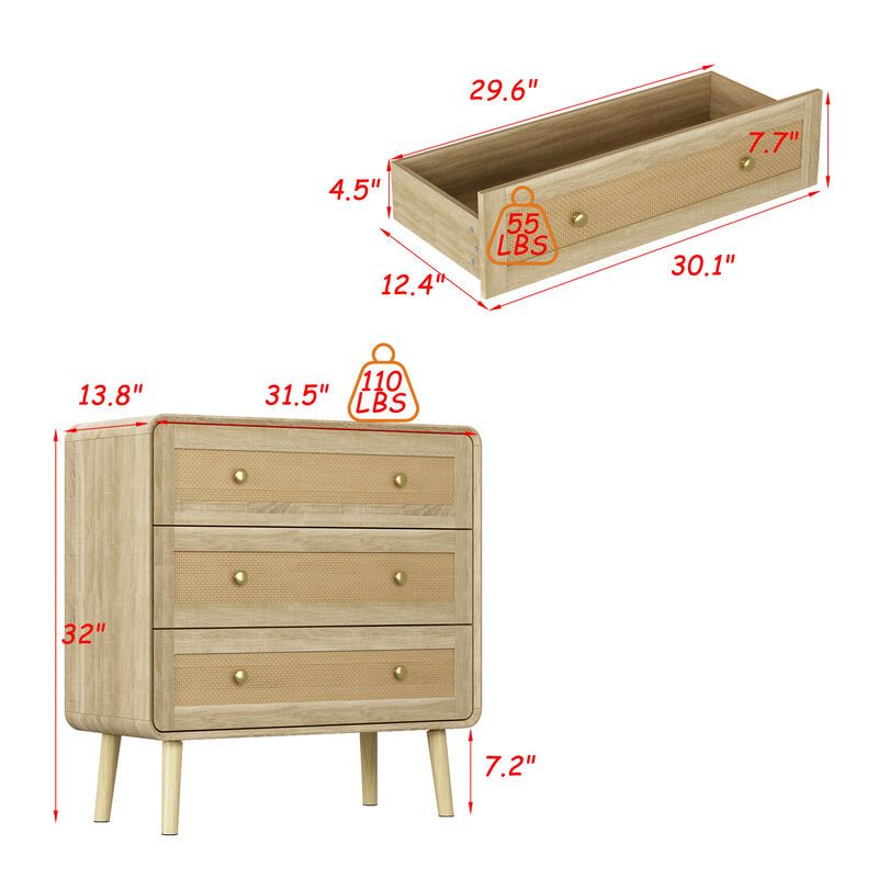 FUFU&GAGA 3-Drawer Nightstand, Modern Bedside Table with Rattan Fronts, Wooden Legs & Gold Handles, Spacious Storage for Bedroom (31.5" W x 32" H x 13.8" D), Natural Wood