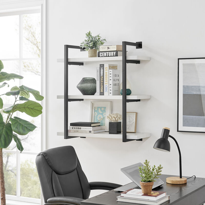 Modern 3-Tier Hanging Bracket Wall Shelves in Black Metal and White Birch Finish