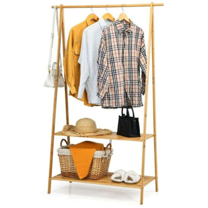 Bedroom Clothes Hanging Rack – Wood Frame with Double Storage Shelves and Garment Rod