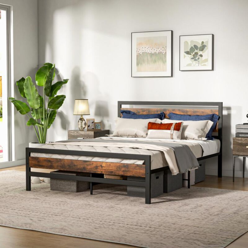 Hivvago Industrial Bed Frame with Rustic Headboard and Footboard