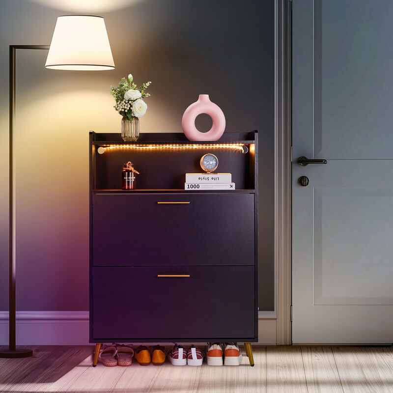 Shoe Storage Cabinet with Double Doors, 6-Tier Shelves & Built-in LED Lights for Entryway