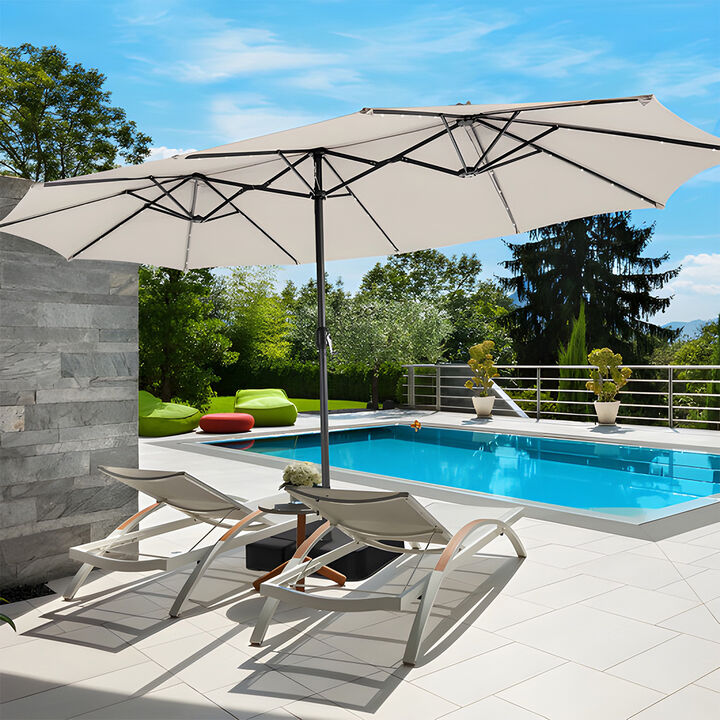 15 Ft Solar LED Patio Double-sided Umbrella Market Umbrella with Weight Base