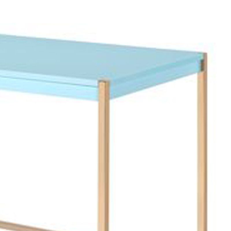 Writing Desk with USB Dock and Metal Legs, Sky Blue and Gold-Benzara