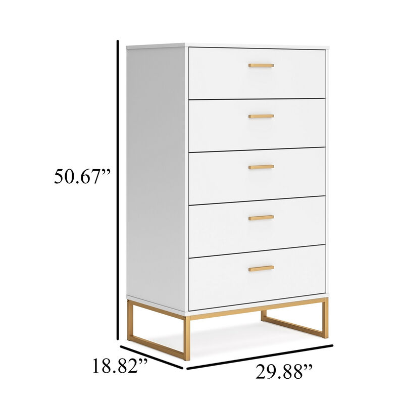 Alli Tall Dresser Chest, 5 Drawers, Matte White, Gold Metal, 51 Inch - Benzara